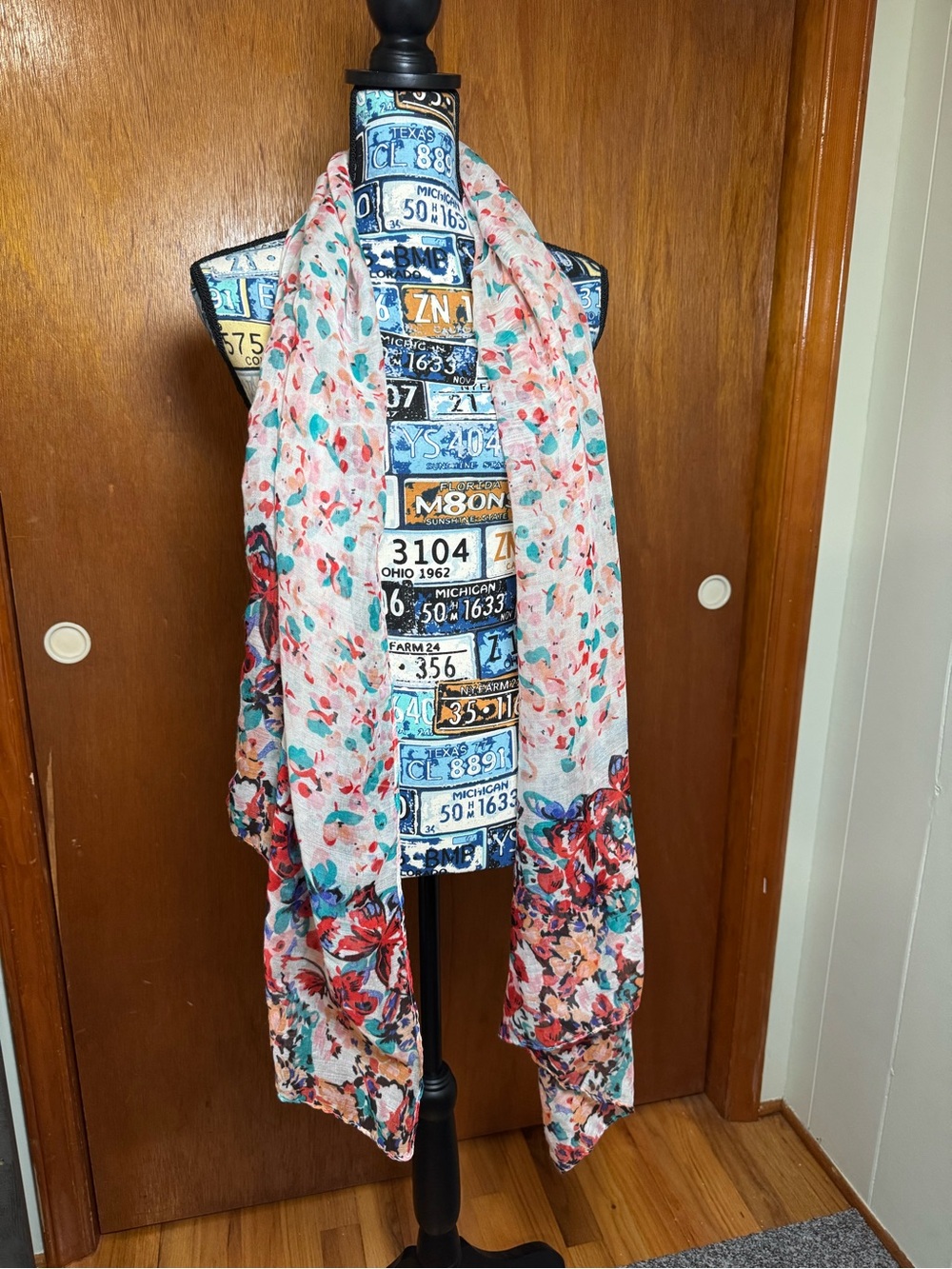 Charlotte Daniel Floral Print Lightweight Scarf - Pink & Teal